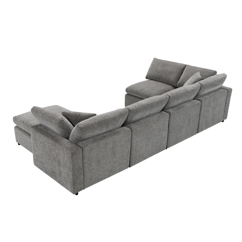 Modern Luxe & Co. modular cloud sofa bed with six seats, U-shaped sectional with ottoman, convertible sleeper for living room.
