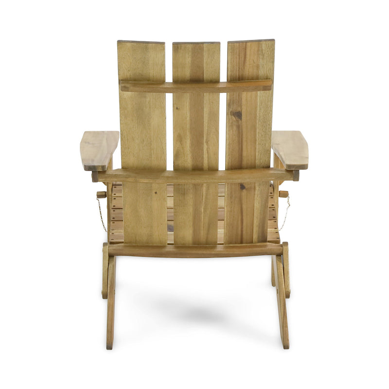 Outdoor foldable Adirondack arm chair by Noble House with slat back in natural wood finish, perfect for outdoor relaxation.