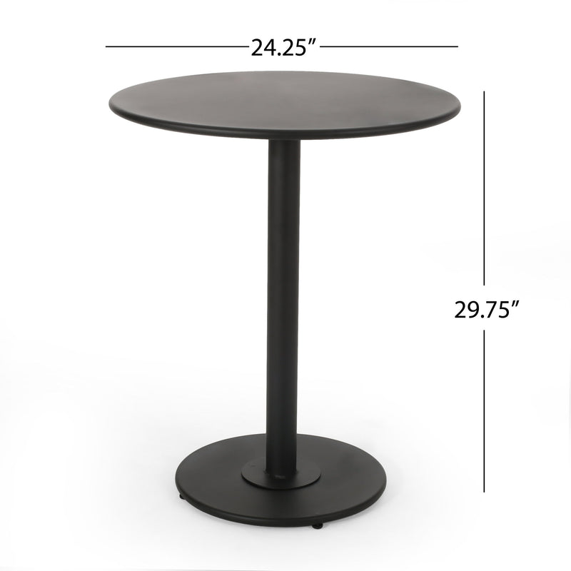 Noble House Terra Nova Bistro Set with matte black finish, includes two chairs and a round table for outdoor use.