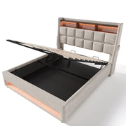 Artistry At Home upholstered platform storage bed with hydraulic lift, LED lighting, and USB charging ports, without mattress.