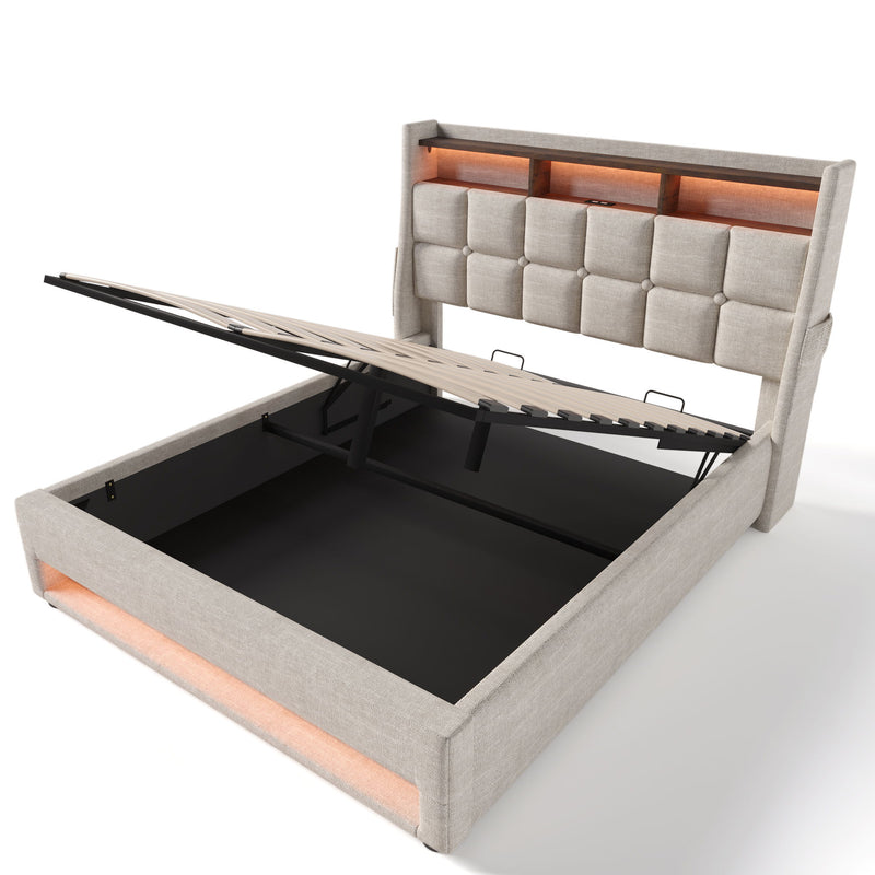 Artistry At Home upholstered platform storage bed with hydraulic lift, LED lighting, and USB charging ports, without mattress.