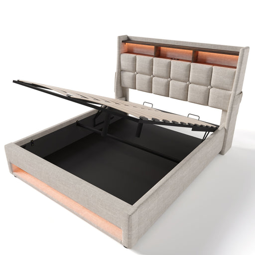 Artistry At Home upholstered platform storage bed with hydraulic lift, LED lighting, and USB charging ports, without mattress.