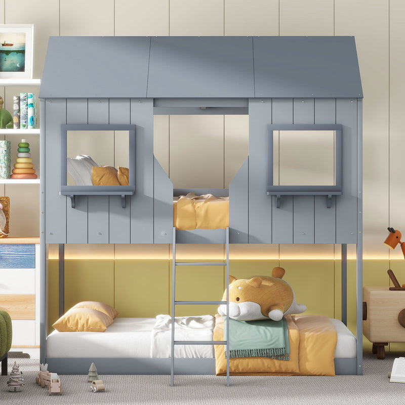 Twin Over Twin Bunk Bed With Roof, Window, Guardrail, Ladder - R&R Furniture Gallery (Fountain Valley, CA)