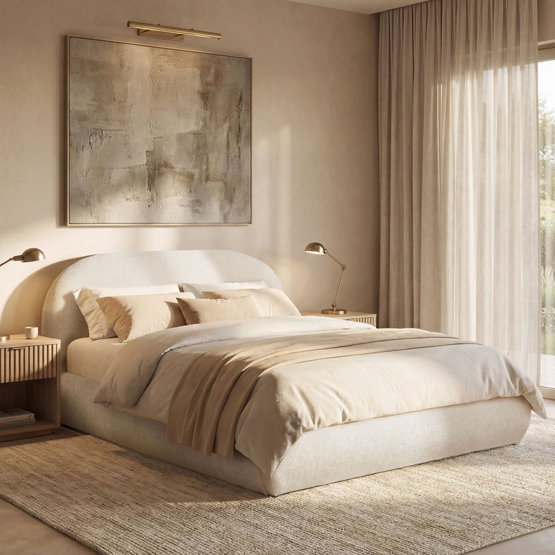 Jennifer Taylor Home Archie Puffy Grounded upholstered platform bed with plush headboard and sleek frame in a modern bedroom setting.