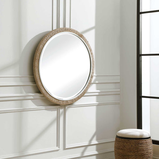 Light brown round rope wall mirror by Uttermost, featuring a stylish rope frame and reflective glass surface.
