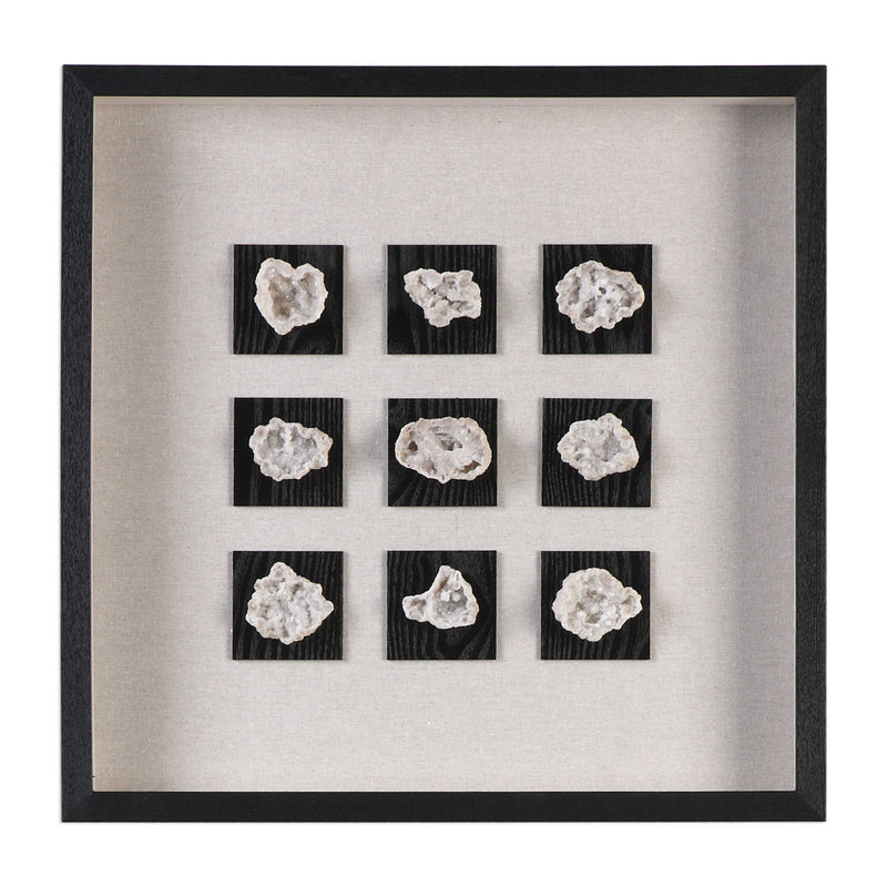 Uttermost linen shadow box wall decor featuring a black geode design with textured stone appearance in a modern shadow box frame.
