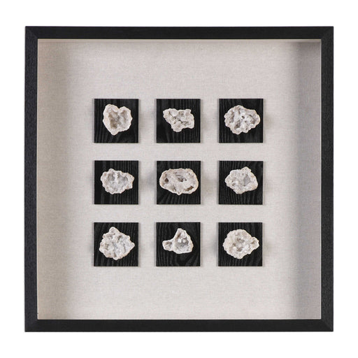 Uttermost linen shadow box wall decor featuring a black geode design with textured stone appearance in a modern shadow box frame.