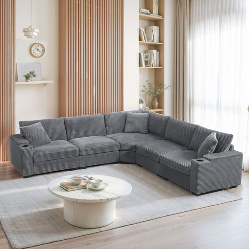 Convertible L Shaped Sectional Corner Couch With Armrest Storage Cup Holders USB Charger, Irregular Corner Oversized Comfy Modular Sofa - R&R Furniture Gallery (Fountain Valley, CA)