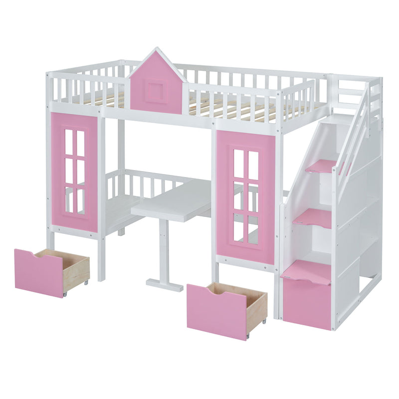 DreamHaus twin over twin bunk bed with convertible table, featuring upper bunk and desk, ideal for space-saving bedroom furniture.