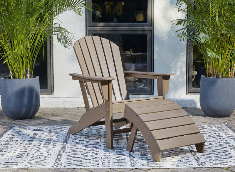 Signature Design by Ashley Adirondack chair and ottoman set, outdoor furniture in natural wood finish, comfortable and stylish.