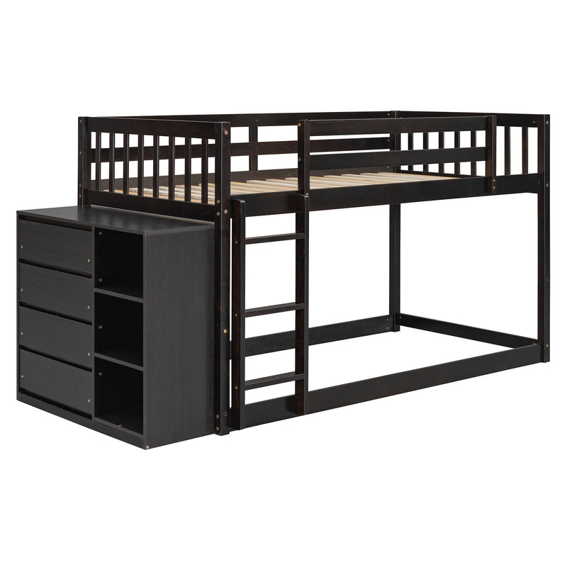 DreamHaus bunk bed with four drawers and three shelves, featuring sturdy wood construction and space-saving design.