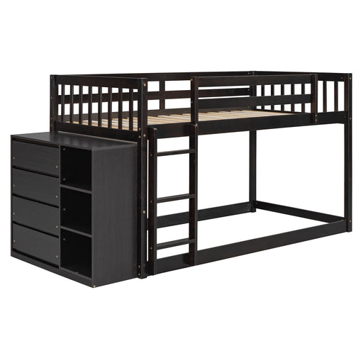 DreamHaus bunk bed with four drawers and three shelves, featuring sturdy wood construction and space-saving design.