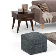 Simpli-Home Fredrik square handcrafted accent pouf with fabric upholstery and wooden legs, suitable for living room decor.