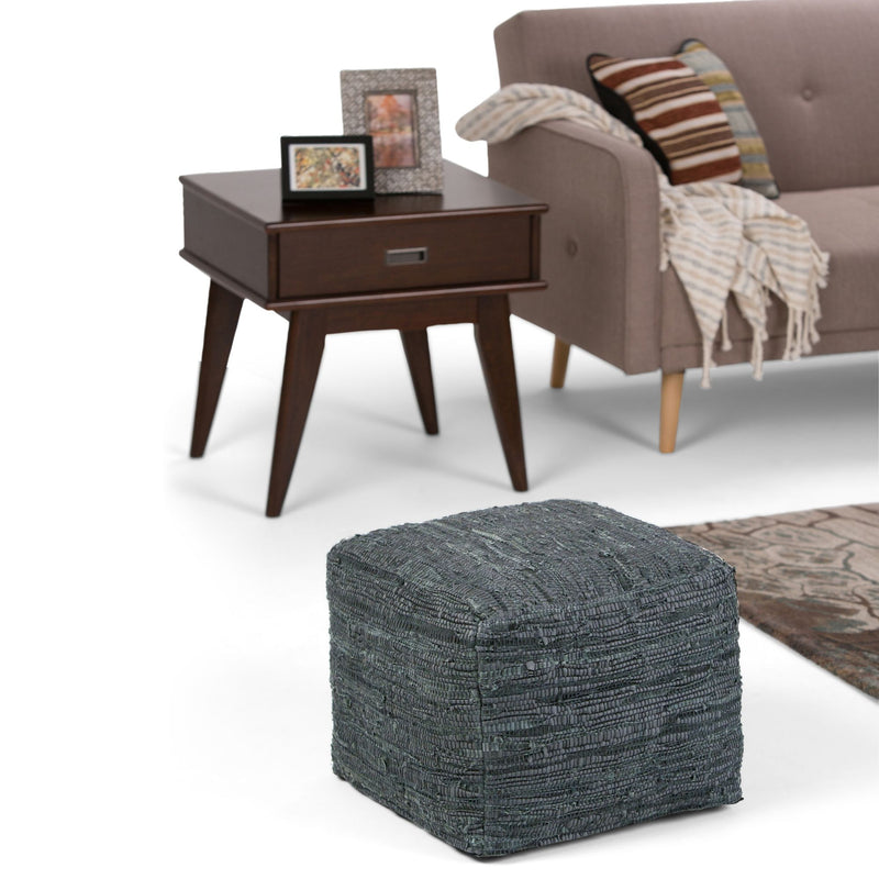 Simpli-Home Fredrik square handcrafted accent pouf with fabric upholstery and wooden legs, suitable for living room decor.