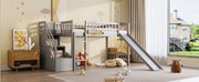 DreamHaus loft stairway bed with two drawers, convertible ladder, and slide, featuring a modern design and space-saving features.