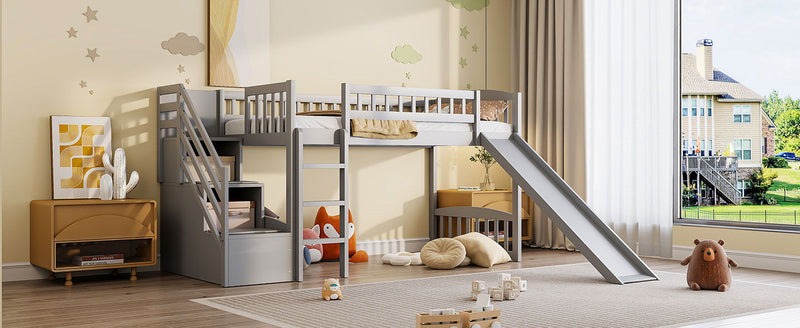 DreamHaus loft stairway bed with two drawers, convertible ladder, and slide, featuring a modern design and space-saving features.