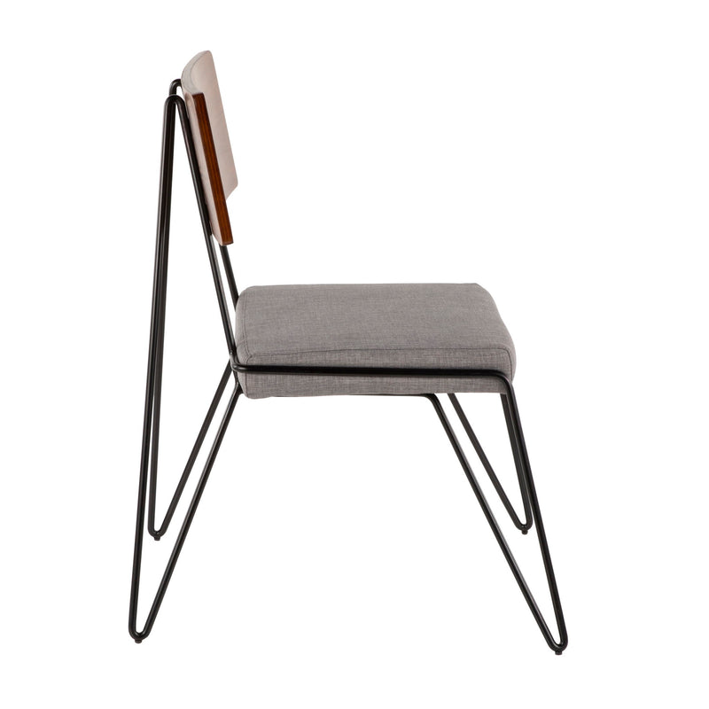 Lumi Source Loft Mid-Century Modern chair set with black, gray, and walnut finishes, featuring sleek wooden legs and upholstered seats.