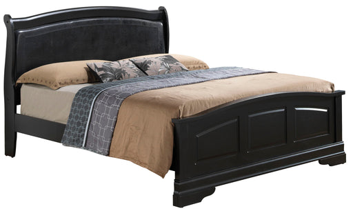 Elegantly crafted panel sleigh bed from Glory Furniture with curved headboard and footboard in a classic wooden finish.