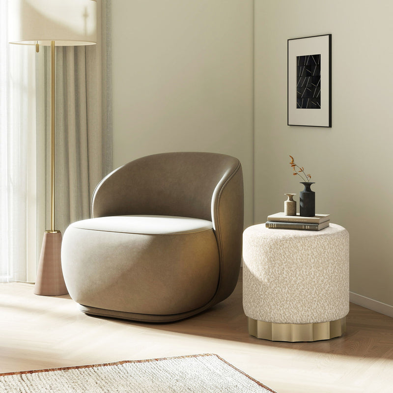Hampton - Round Upholstered Ottoman With Scalloped Base - Speckled Egg Beige - R&R Furniture Gallery (Fountain Valley, CA)