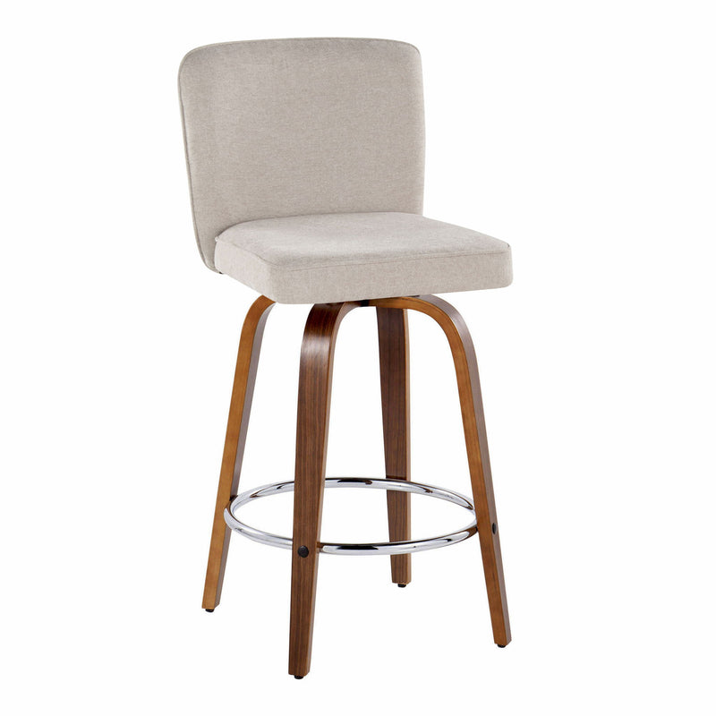 Lumi Source Henry contemporary counter stool set with swivel, fixed height, round footrest, black upholstery, two stools on wooden floor.