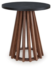 Kallari - Round End Table - Warm Brown / Black - R&R Furniture Gallery (Fountain Valley, CA)
