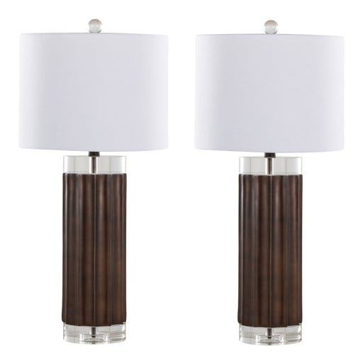 Set of two Lumi Source fluted cylinder table lamps in brown, clear, and white with contemporary design and modern decor style.