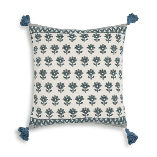 Blossom - 20" Printed Cotton Tassel Accent Cushion - Blue