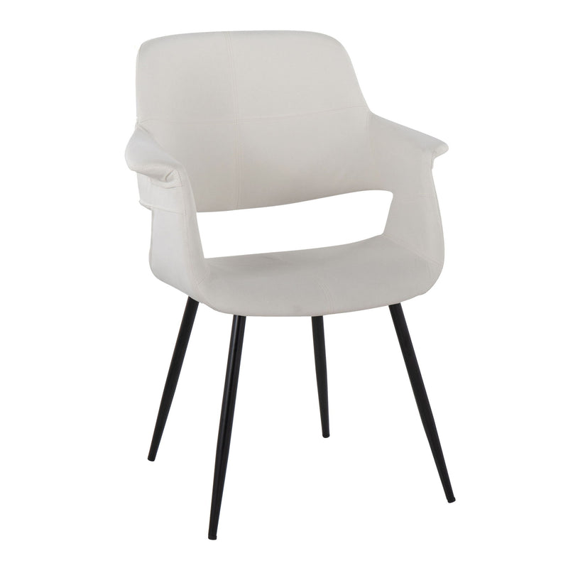 Set of 2 Lumi Source vintage flair art deco accent chairs with black metal legs, upholstered in blue or cream fabric.