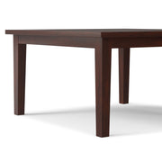 Eastwood square dining table by Simpli-Home in Java brown wood finish, showcasing its sturdy tabletop and modern design.