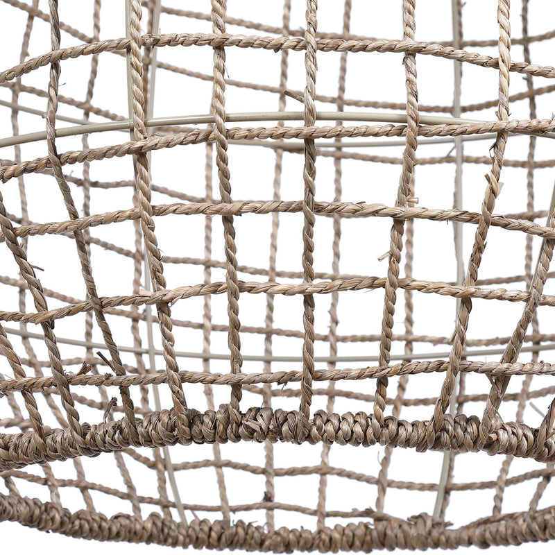 Beige Cross-Weave 1 Light Pendant by Uttermost, modern pendant lighting with woven design, hanging from a ceiling.