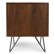 Simpli-Home Hunter accent nightstand with a wooden finish, featuring a drawer and open shelf for bedroom storage.