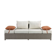 Salena - Patio Sofa With 2 Pillows & Ottoman - Beige Fabric & Gray Wicker - R&R Furniture Gallery (Fountain Valley, CA)