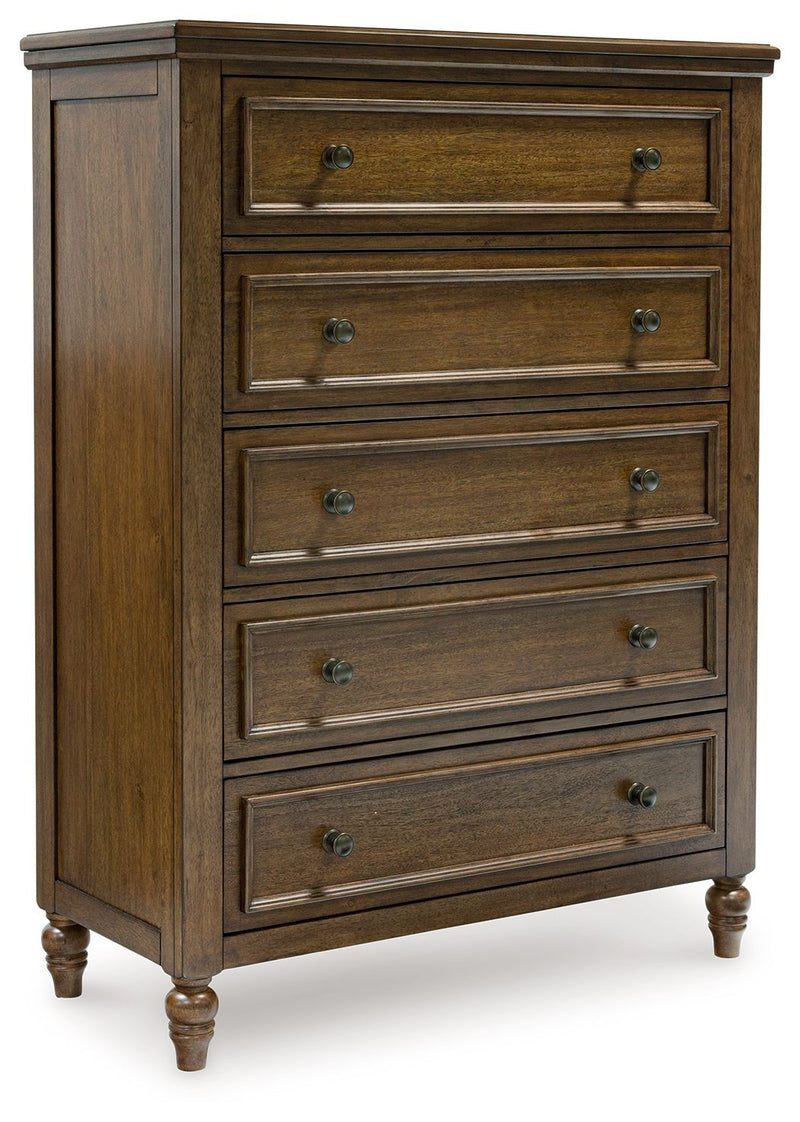 Benchcraft Sturlayne 6-piece panel bedroom set with matching bed frame, dresser, mirror, and nightstands in a modern bedroom layout.