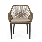 Noble House modern wicker arm chair with water-resistant beige cushions, brown woven frame, stylish outdoor dining club chair