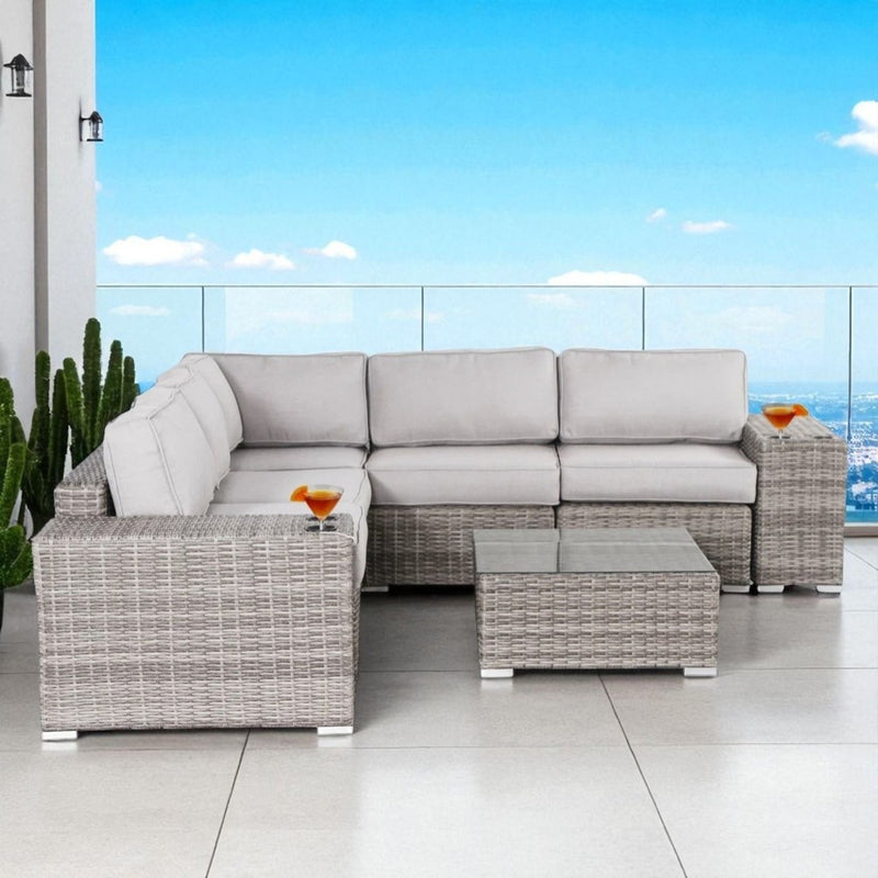Modern Patio Rattan Sectional Set With Cushions - R&R Furniture Gallery (Fountain Valley, CA)