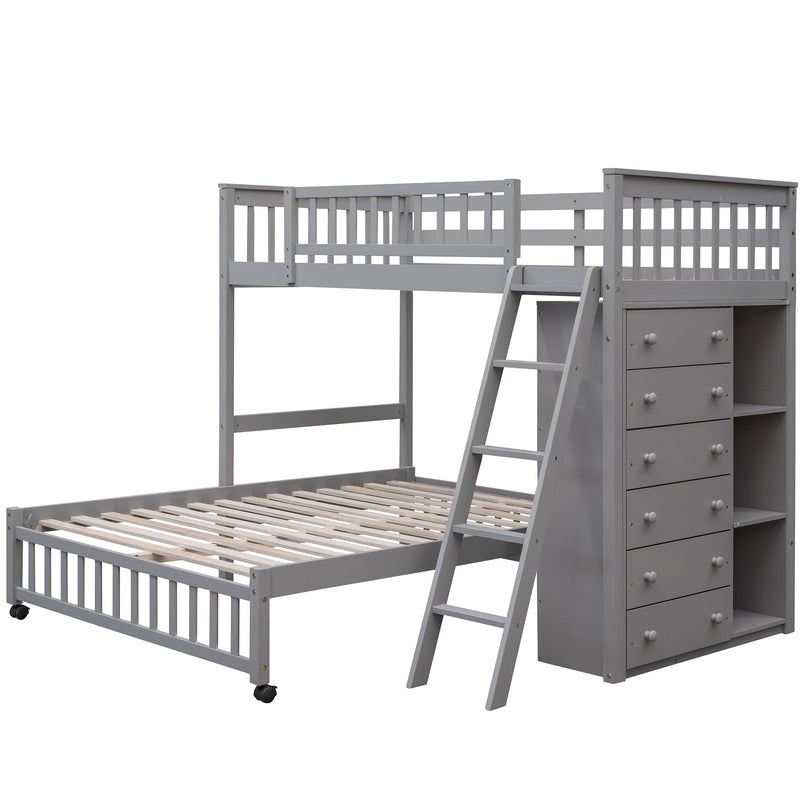 DreamHaus bunk bed with six drawers, flexible shelves, and a bottom bed on wheels, shown with sturdy frame and spacious storage.
