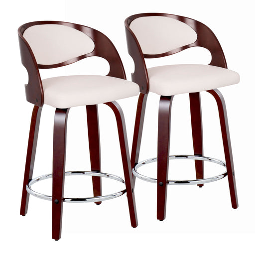 Set of two Lumi Source Pino mid-century modern fixed-height barstools with swivel seats and round footrests, shown from the side.