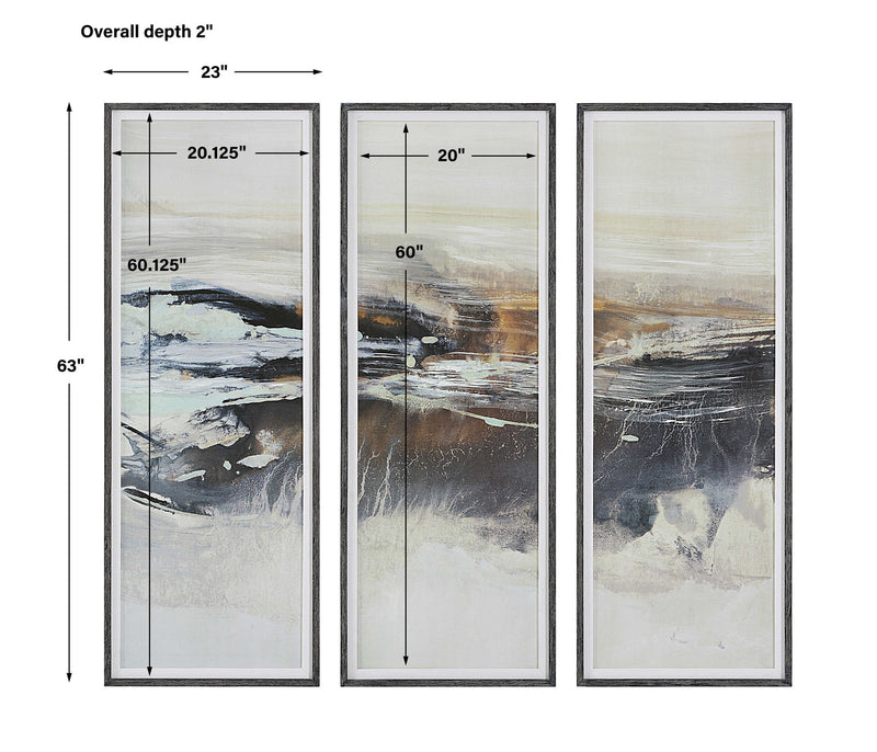 Set of three Uttermost Horizon framed canvas art prints in graphite and pearl silver finish, modern wall decor for living spaces.