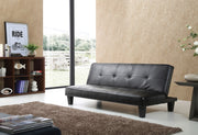 Glory Furniture Alan futon sofa bed with plush fabric upholstery, showcasing a convertible design for seating and sleeping.