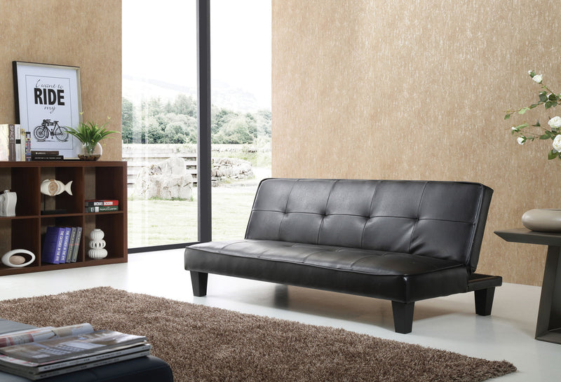 Glory Furniture Alan futon sofa bed with plush fabric upholstery, showcasing a convertible design for seating and sleeping.