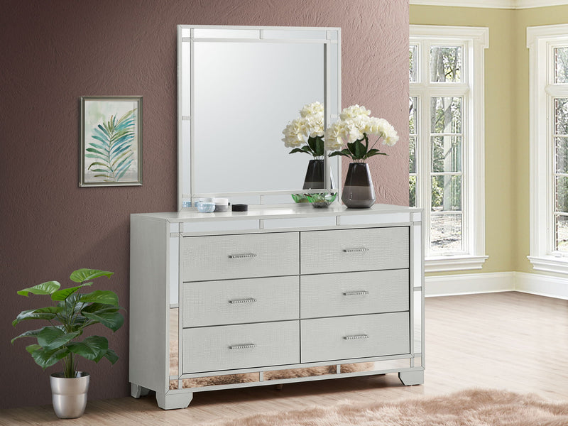 Glory Furniture Madison silver champagne dresser with sleek drawers and modern design, crafted for stylish bedroom storage.