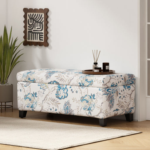 Luxury Storage Ottoman With Floral Patterned Fabric, Soft Close Hinges, Functional Footrest & Seat - Blue Flower / Blue Multi - R&R Furniture Gallery (Fountain Valley, CA)
