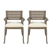 Set of two Noble House Helen outdoor acacia wood dining chairs in gray and creme, featuring a stylish, durable design for outdoor dining.