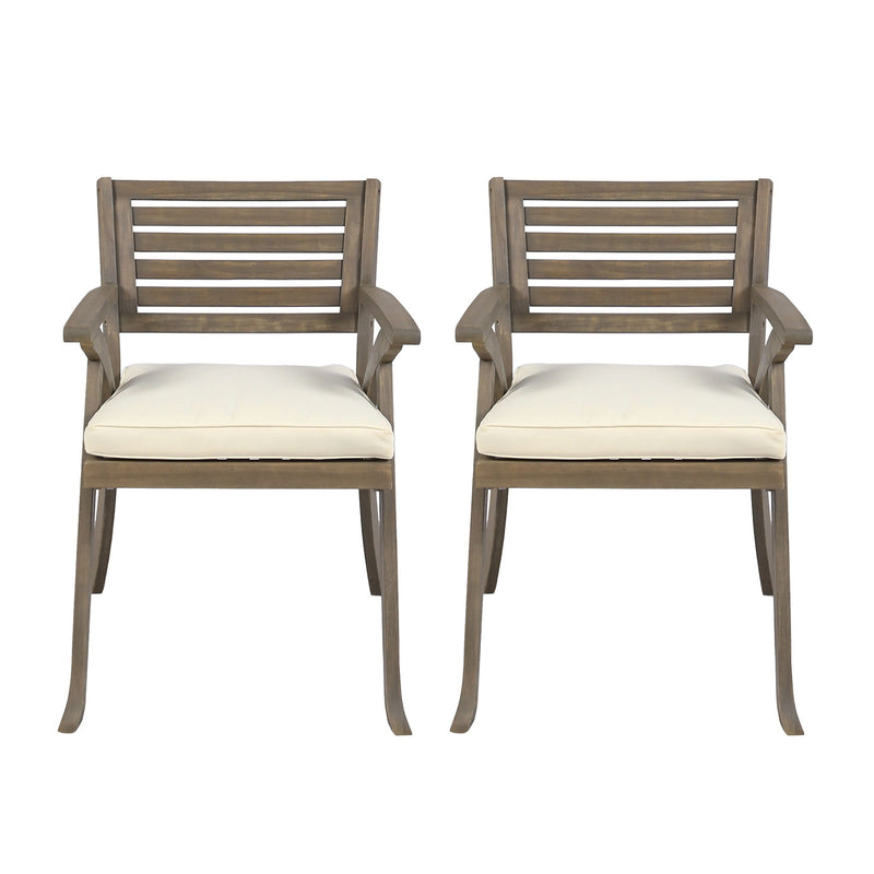 Set of two Noble House Helen outdoor acacia wood dining chairs in gray and creme, featuring a stylish, durable design for outdoor dining.