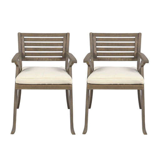 Set of two Noble House Helen outdoor acacia wood dining chairs in gray and creme, featuring a stylish, durable design for outdoor dining.