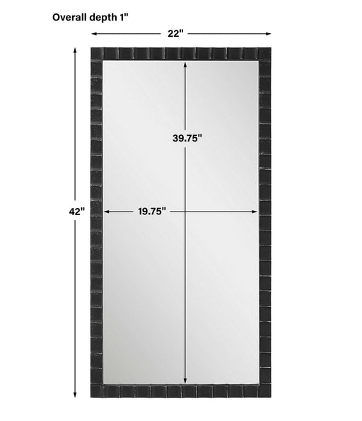Uttermost Dandridge industrial wall mirror with black metal frame, round shape, and modern vintage design.