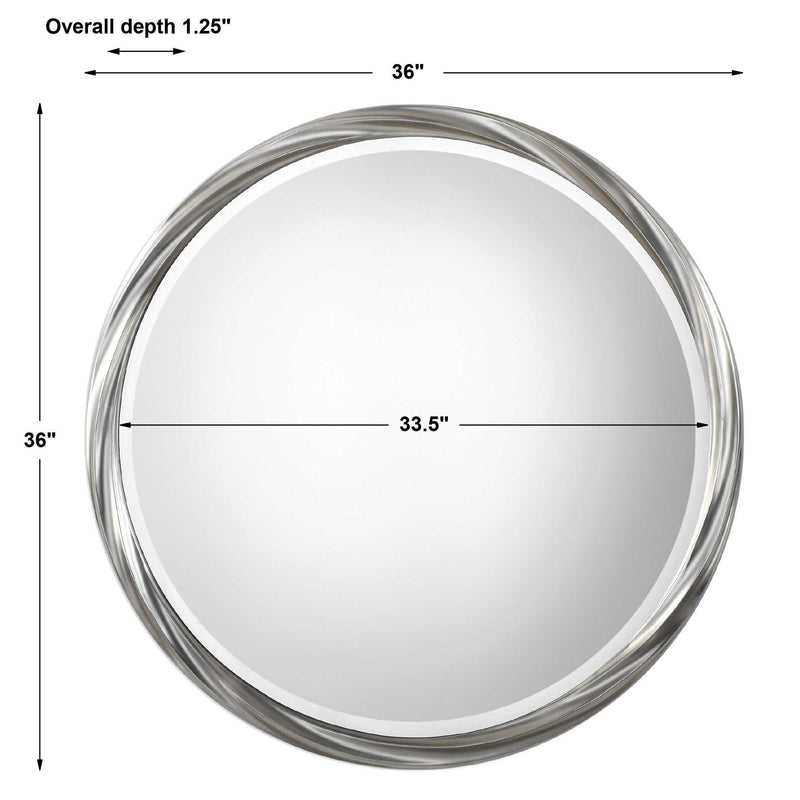 Silver Orion round wall mirror by Uttermost with a sleek, reflective frame and modern design.