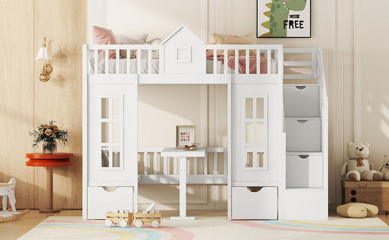 DreamHaus twin over twin bunk bed with changeable table, featuring upper bed and down desk for versatile sleeping and workspace.