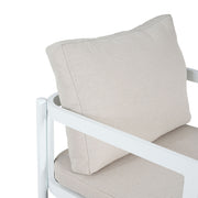 Set of two Noble House all-weather outdoor dining chairs with metal frames and woven rattan seats, ideal for patio dining.