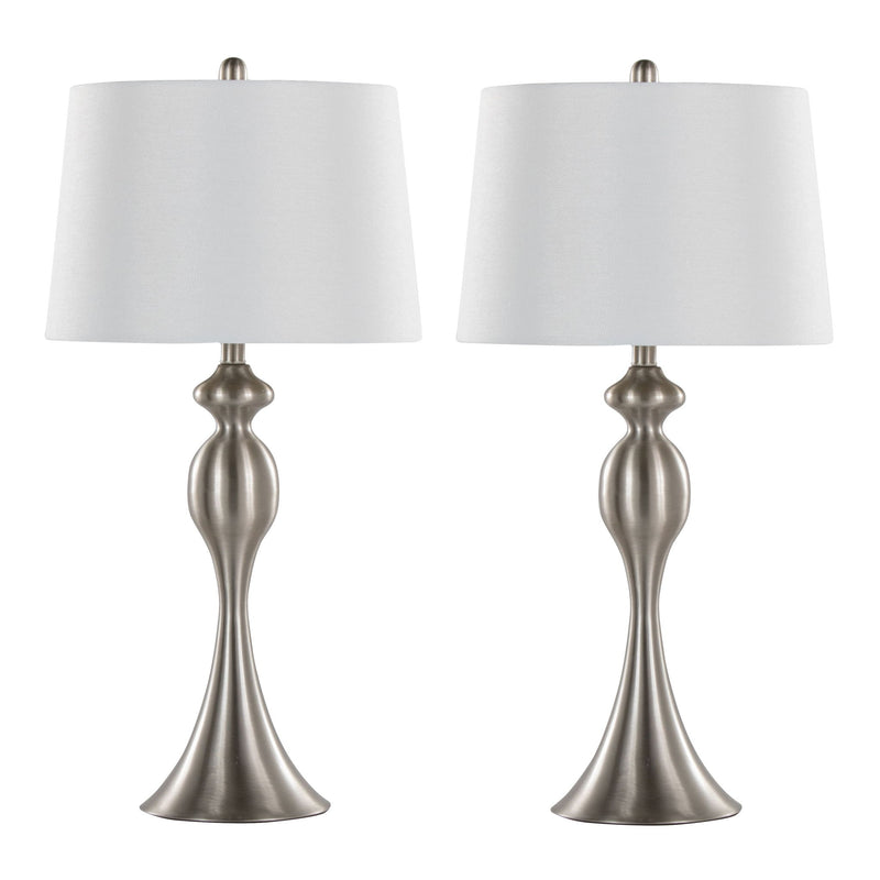 Lumi Source Ashland contemporary table lamp set with nickel finish and white shades, modern decor lighting for living spaces.